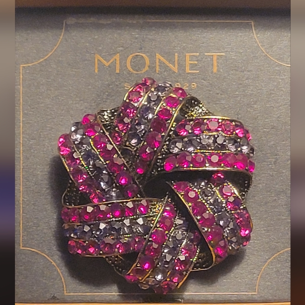 Vintage Signed Monet Ribbon Brooch Purple, Pink, Red Rhinestones